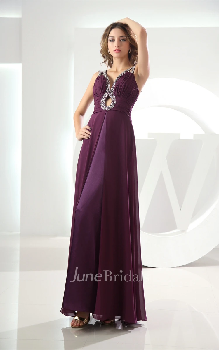 Plunged Chiffon Ankle-Length Dress with Beading and Keyhole