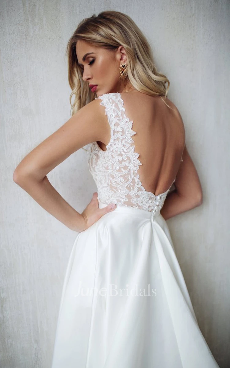 Romantic A Line Satin Lace V-neck Sleeveless Wedding Dress with Ruffles
