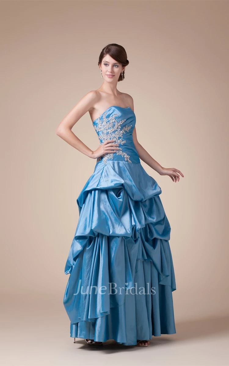 Strapless Pick-Up Ball Gown with Pleats and Appliques