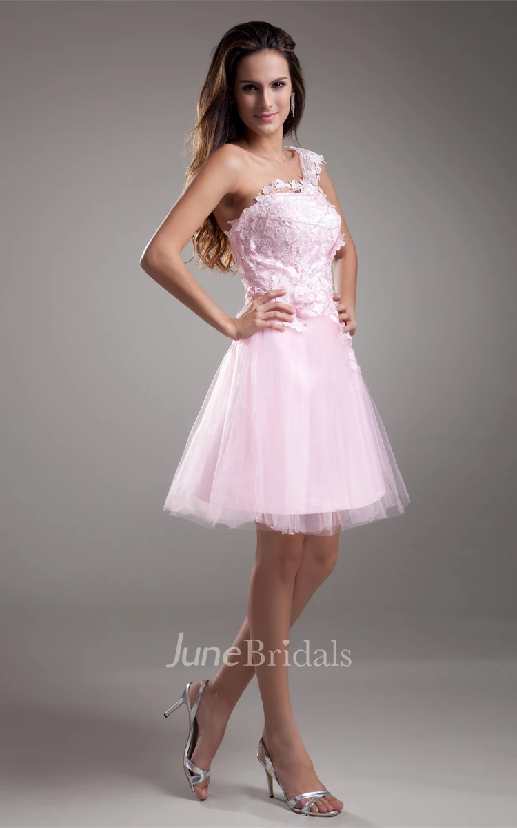 one-shoulder short a-line lace dress with tulle skirt