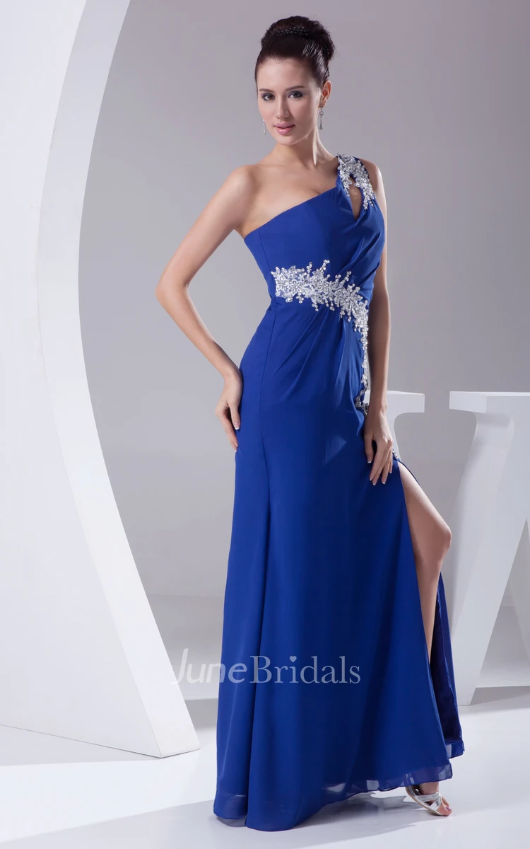 One-Shoulder Front-Split Chiffon Dress With Beading and Keyhole