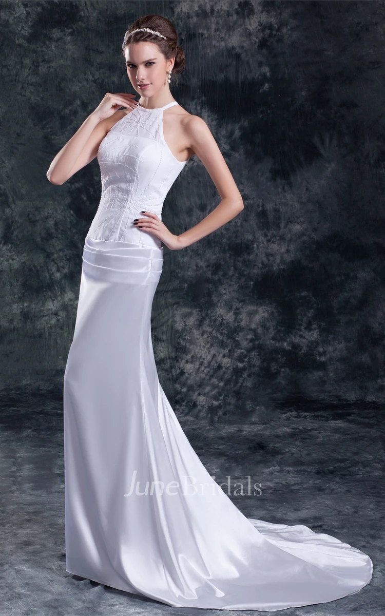 high-neck satin mermaid sleeveless dress with keyhole back and beading