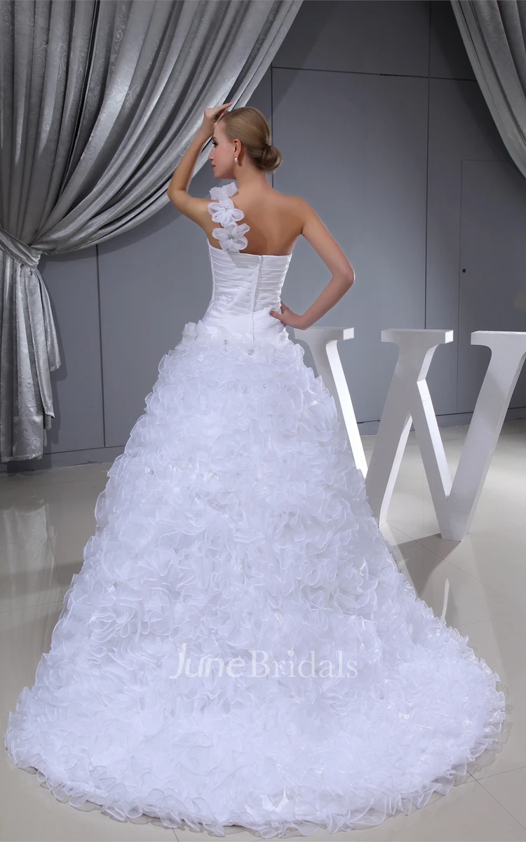 Sleeveless Ruched Ball Gown with Ruffles and Floral Strap