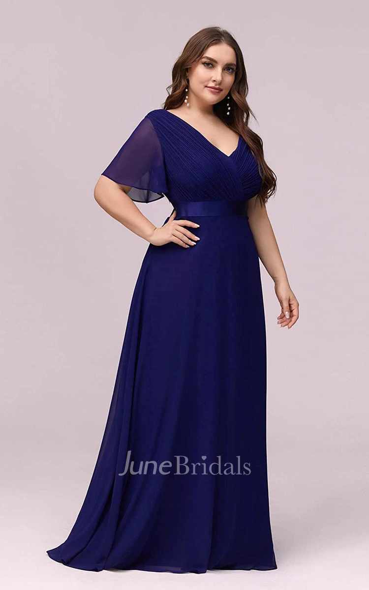 A Line V-neck Chiffon Half Sleeve Prom Dress With Criss Cross and Ruching