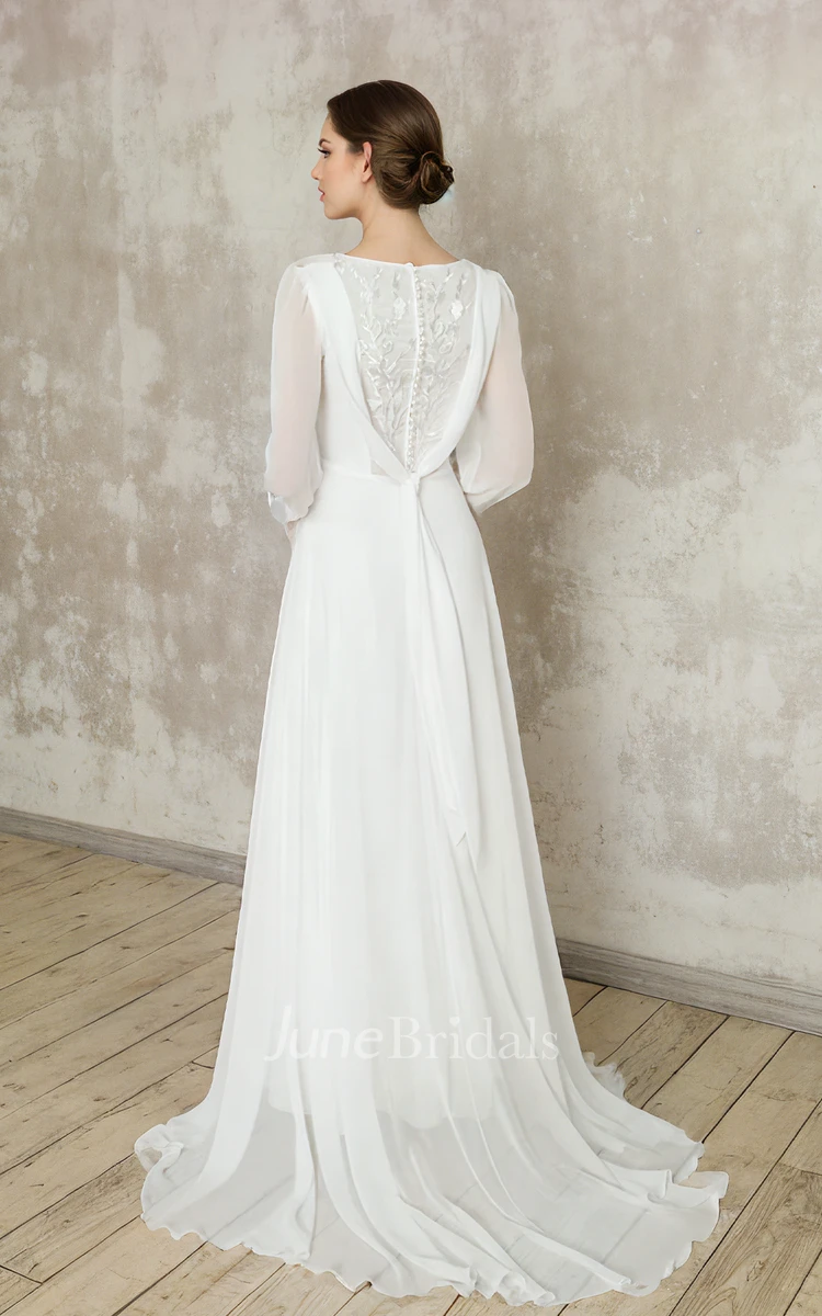 Elegant Vintage A-Line Square Neck Chiffon Wedding Dress Floor-length Long Sleeve Bridal Gown with Button Back Sweep Train