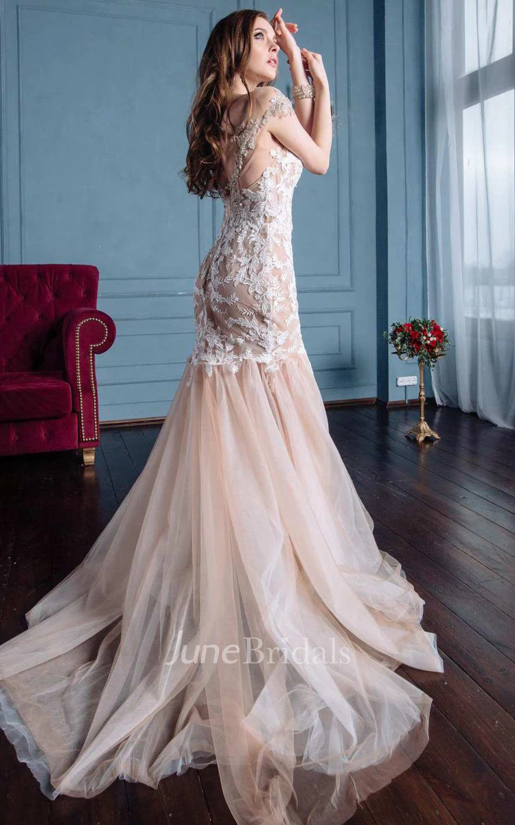 Illusion Cap-Sleeve Tulle Mermaid Dress With Appliques And Sweep Train