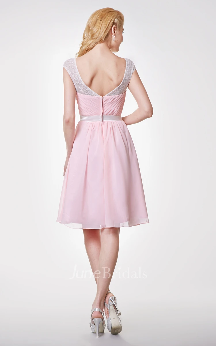 Lace Cap-sleeved A-line Knee Length Chiffon Dress