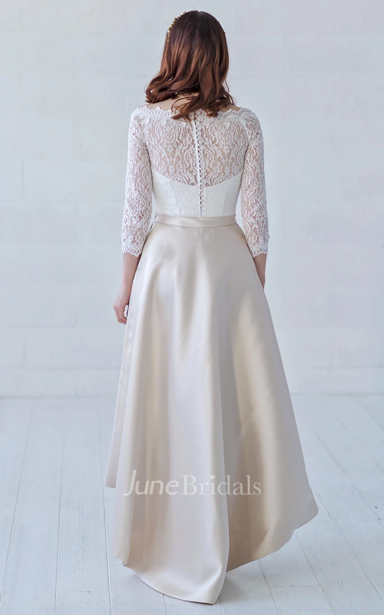 3/4 Illusion Sleeve Off-the-shoulder High-low Lace And Satin With Button Back Wedding Dress