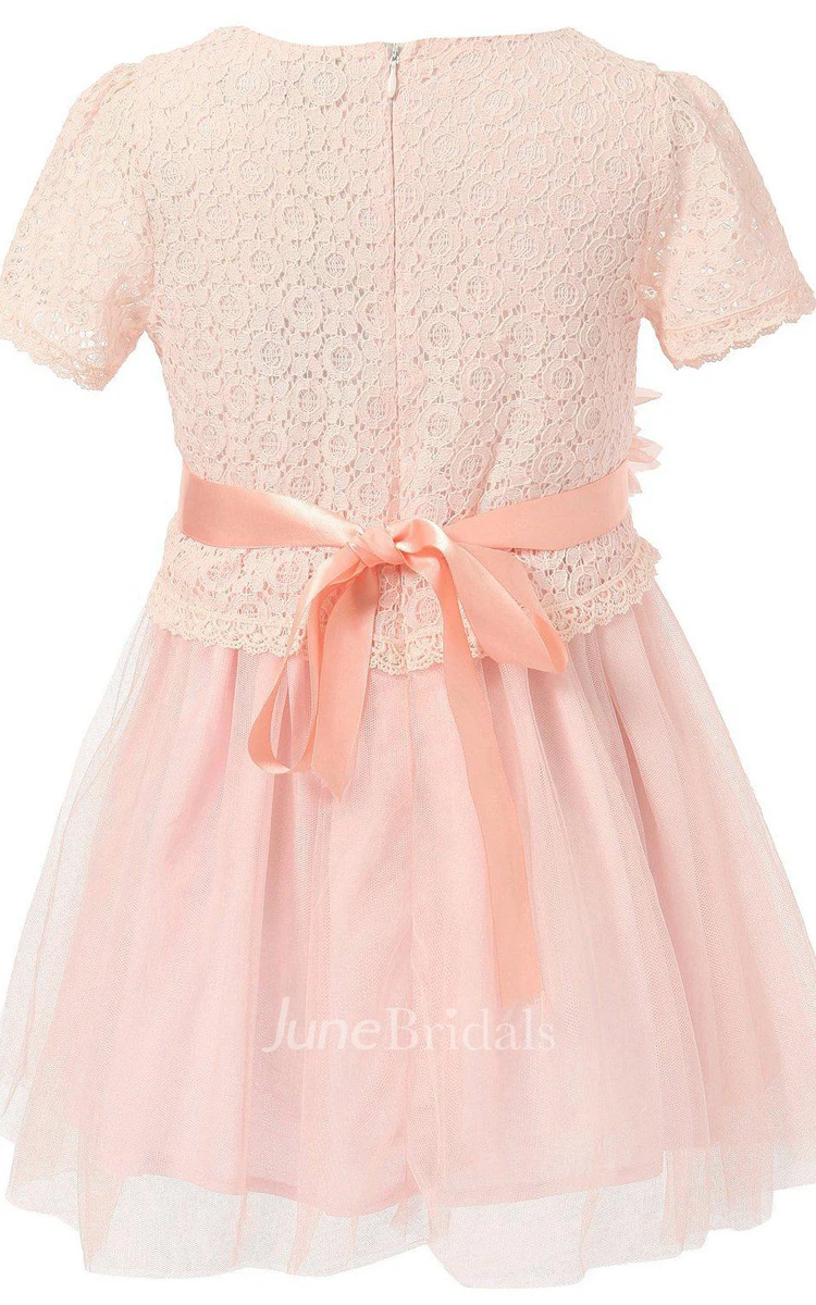 Short-sleeved A-line Lace Dress With Flower and Pleats