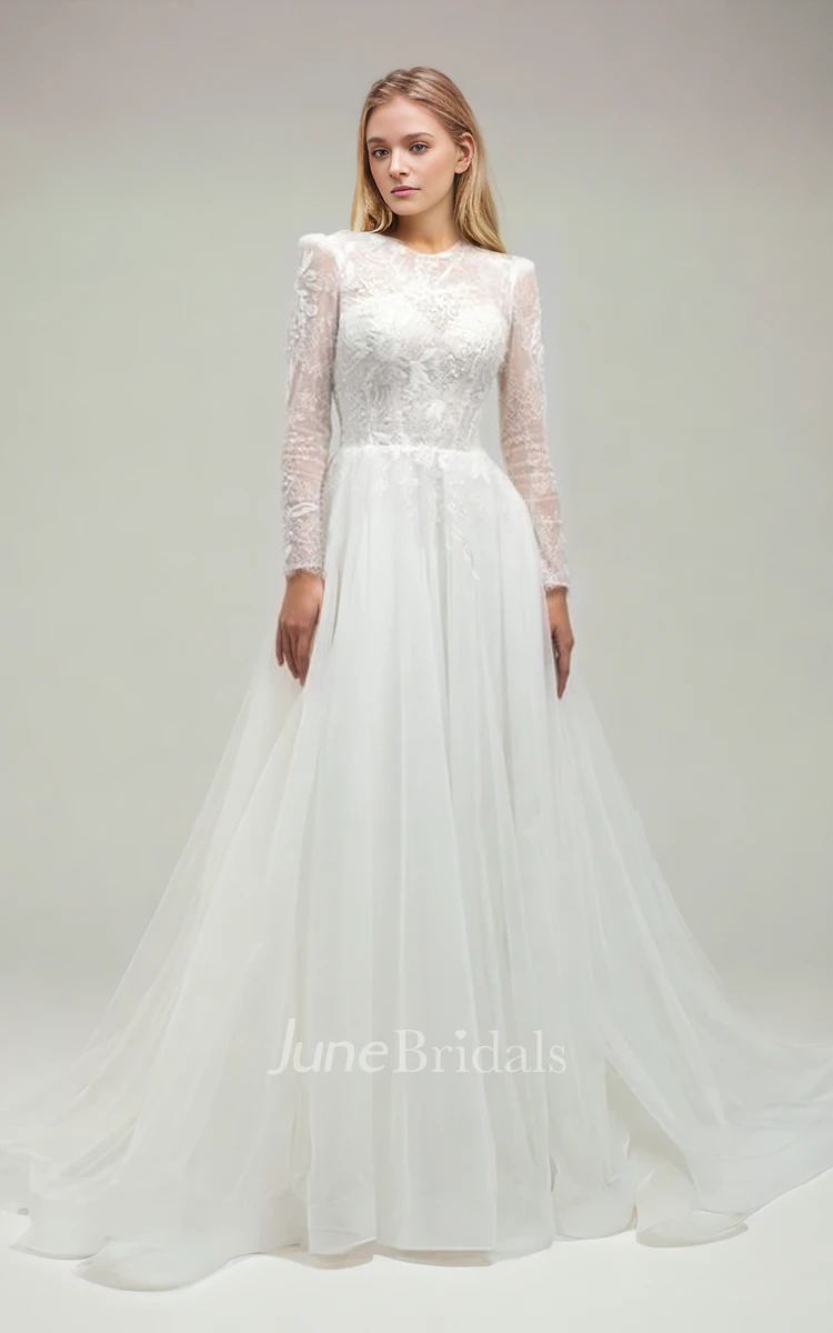 Modest Ethereal A-Line Jewel Neck Lace Flowers Wedding Gown Vintage Elegant Long Sleeve Floor-length Bridal Dress with Sequins