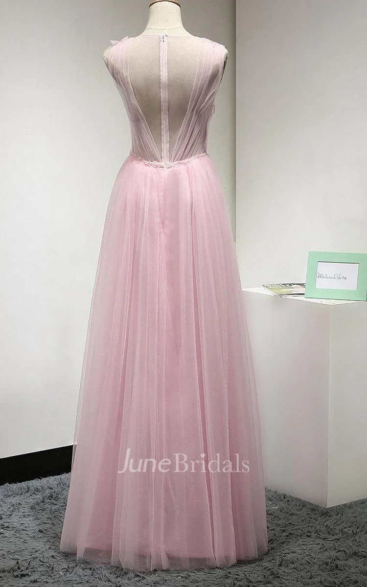 Ruched Sleeveless Floor-length Gown With Beadings and Flower