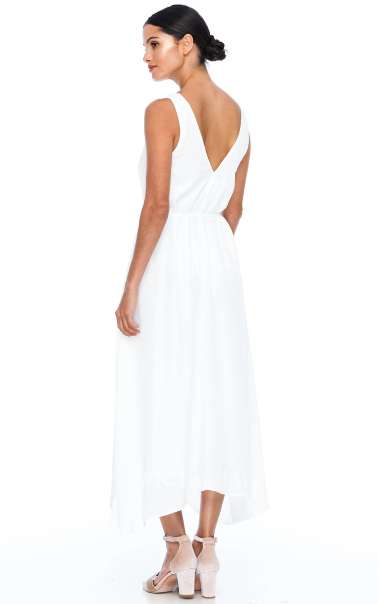 Simple Elegant A-Line V-neck Charmeuse Bridesmaid Dress With Open Back And Sash