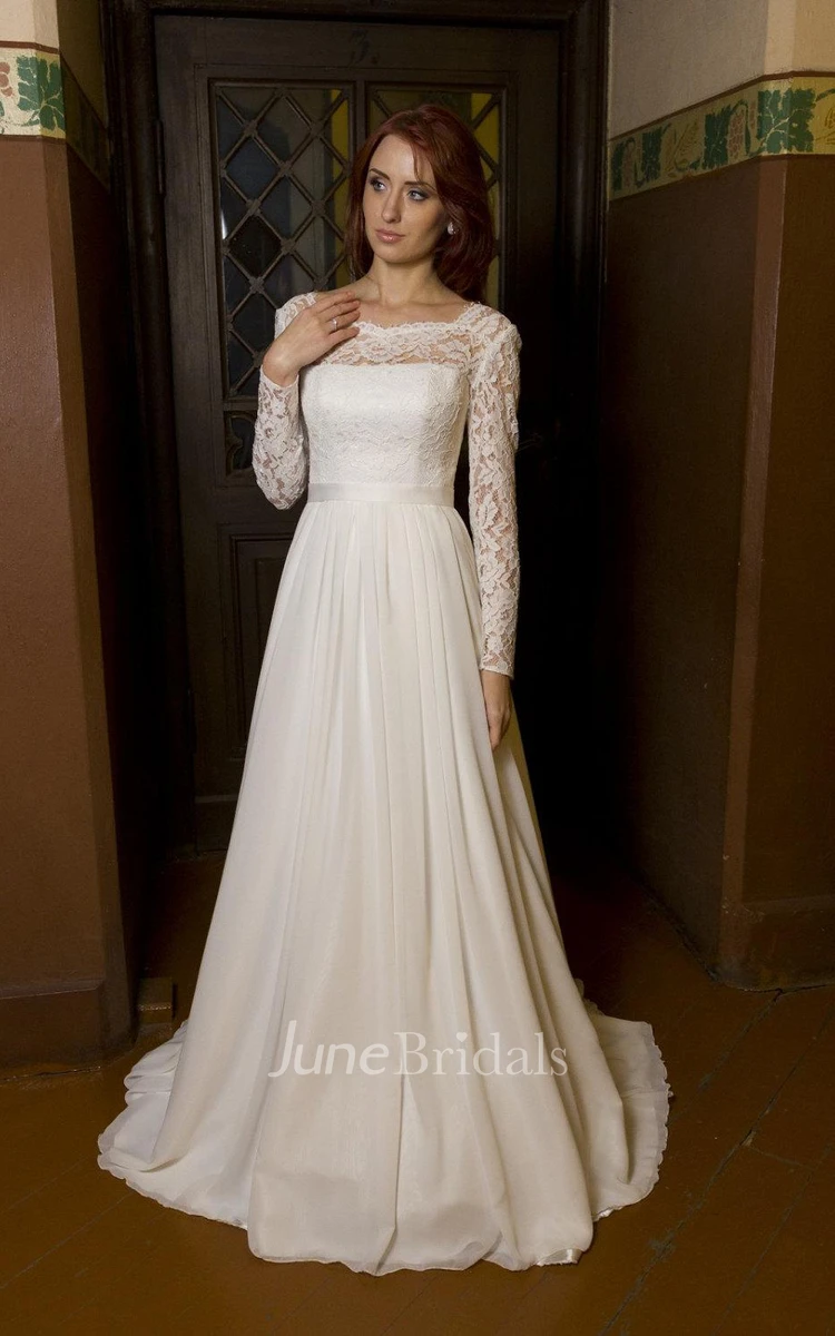 Bateau Neck Long Sleeve Chiffon Wedding Dress With V-Back Cutout