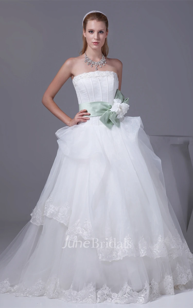 Strapless Tulle Ball Gown with Bowknot and Appliques