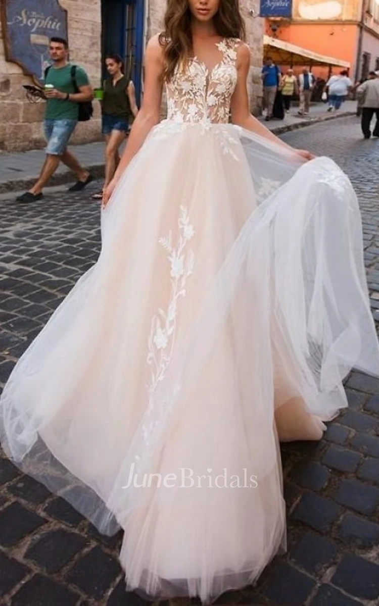 A-Line V-neck Organza Summer Wedding Dress Casual Sexy Elegant Romantic Beach With Open Back And Sleevesless Appliques