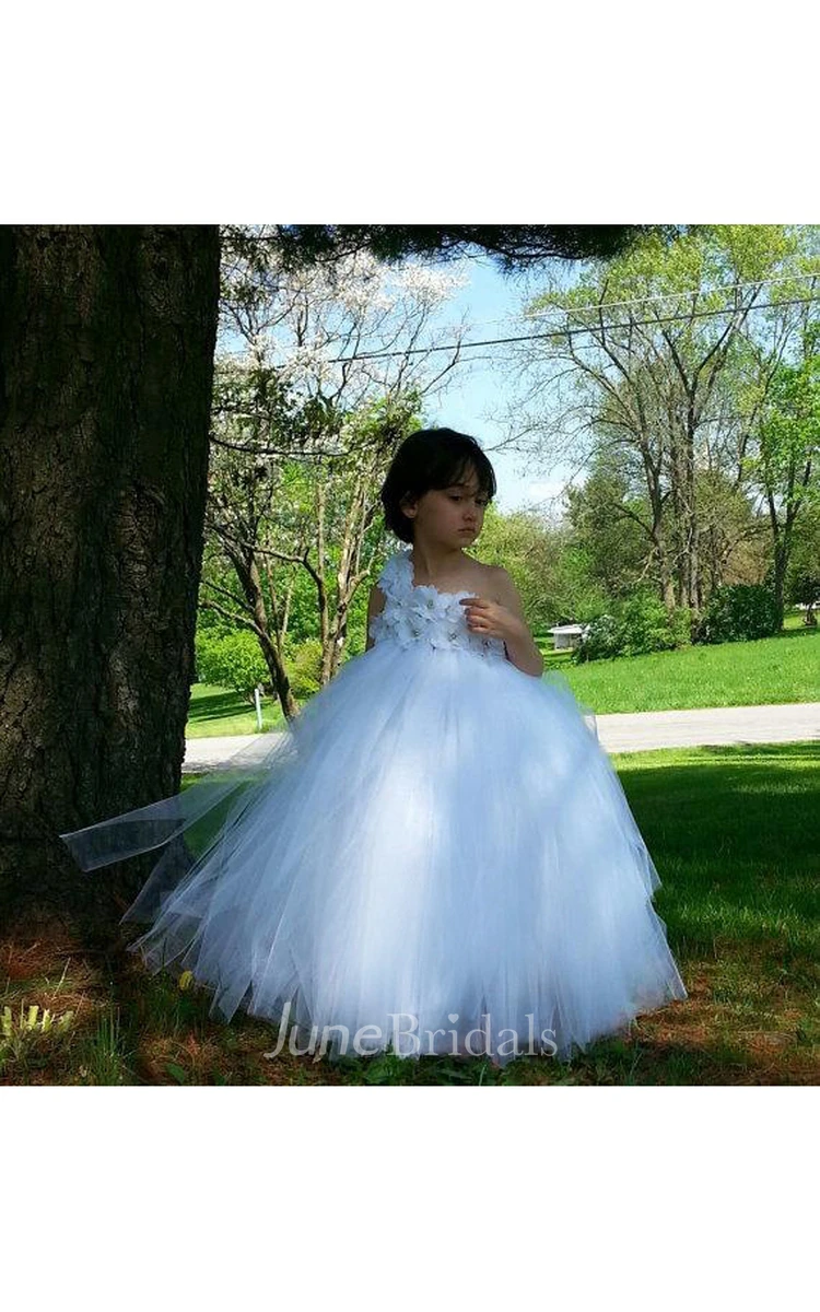 Beaded Flower One Shoulder Pleated Ball Gown With Bow Sash