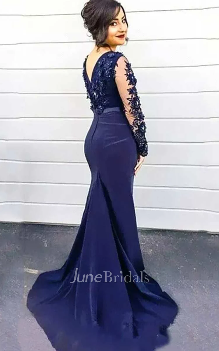 Illusion Long Lace Sleeve High Neck Satin Gown