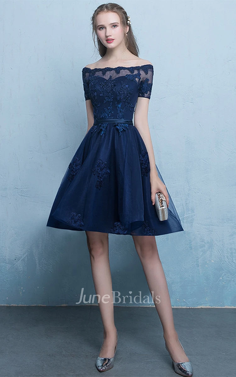 Simple Satin Lace Off-the-shoulder A Line Formal Cocktail Dress With Appliques