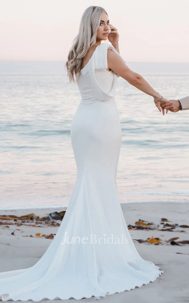Greek Mermaid One-shoulder Satin Wedding Dress With Open Back And Bow