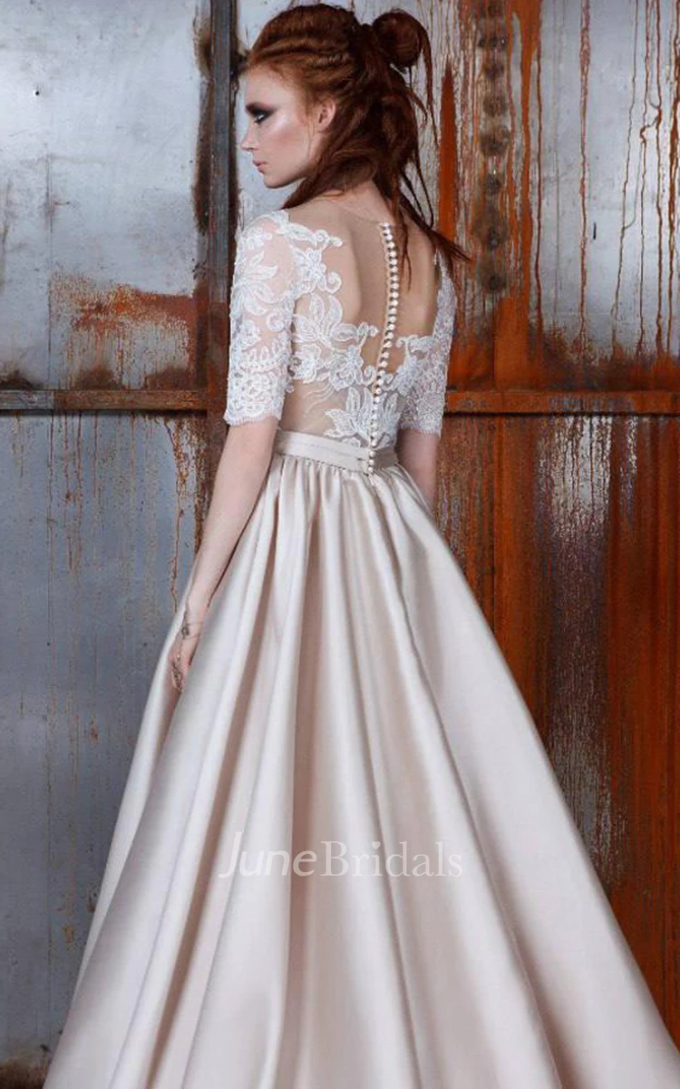 Lace Half Sleeve Satin A-Line Wedding Dress With Illusion Appliqued Top