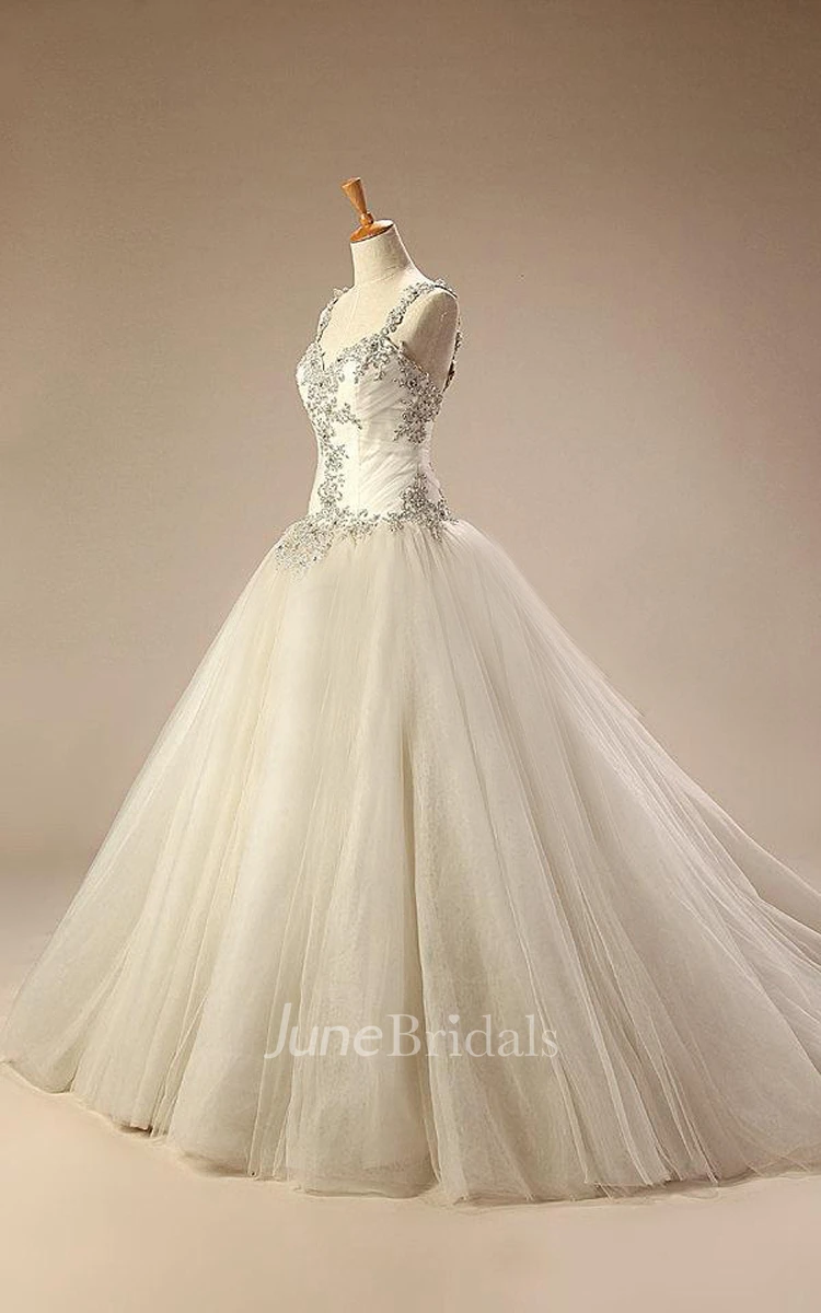 Straps Dropped Waist Long Tulle Wedding Dress With Appliques And Lace-Up Back