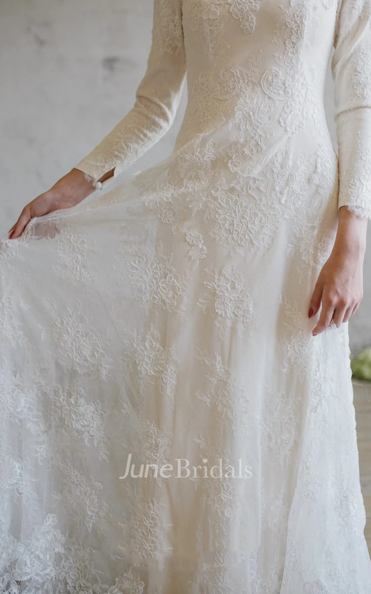 Modest Floral Long Sleeve Boho Lace Wedding Dress Elegant Casual A-Line Scoop-Neck Floor Length Bridal Gown with Applique
