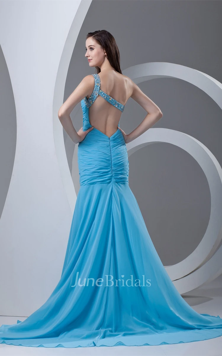 One-Shoulder Column Beaded Dress with Ruched Bodice