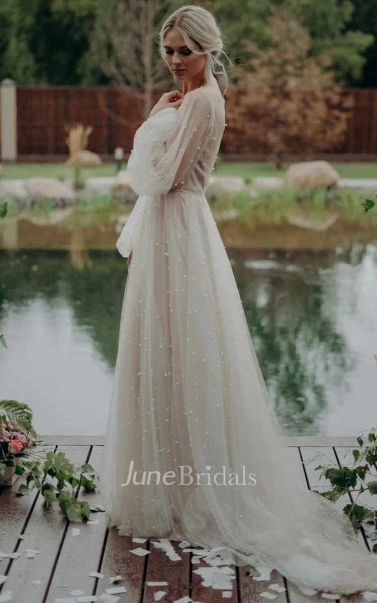 Simple Modest A-Line Long Sleeve Tulle Wedding Dress Elopement Illusion Beach Country Gown with Pearl