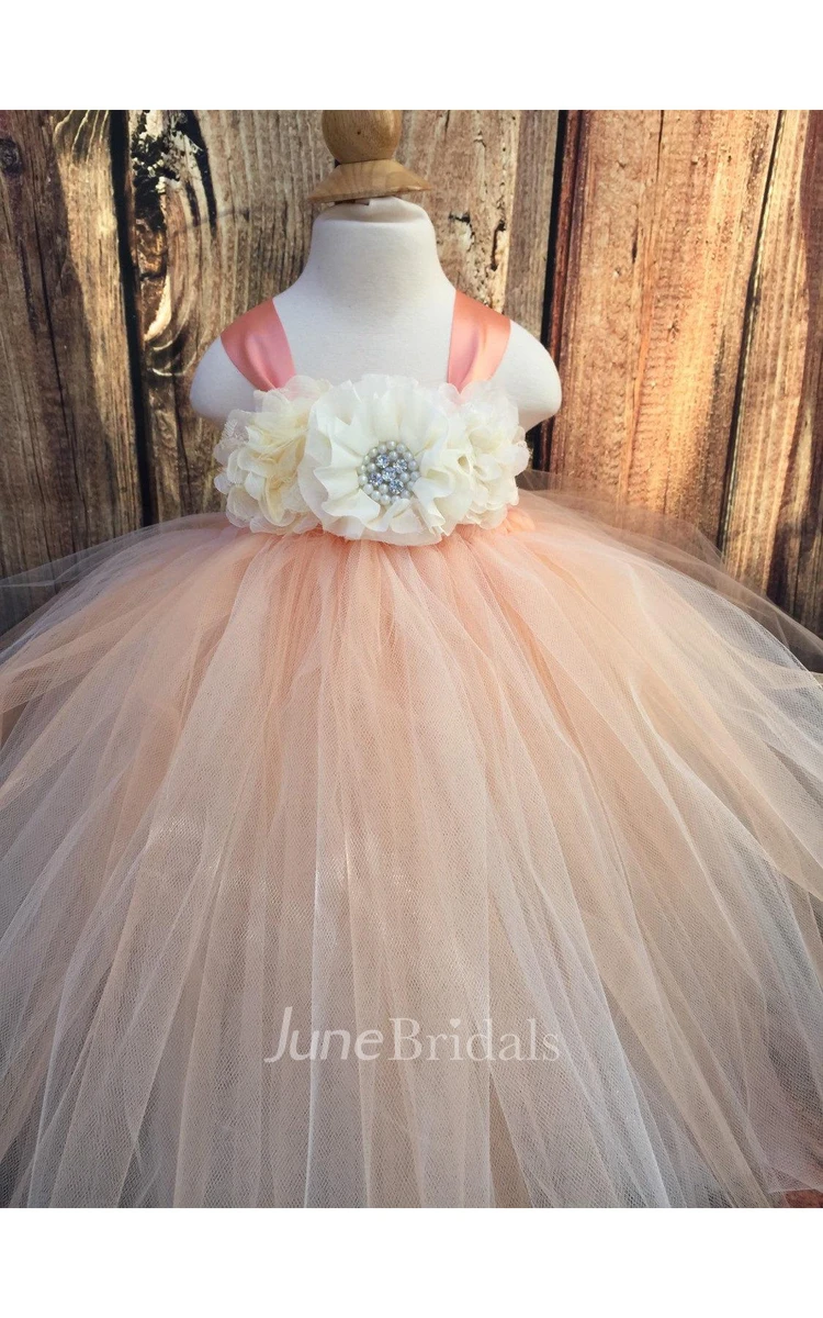 Peach and Ivory Sleeveless Rose Flower Bust Tulle Dress With Pleats