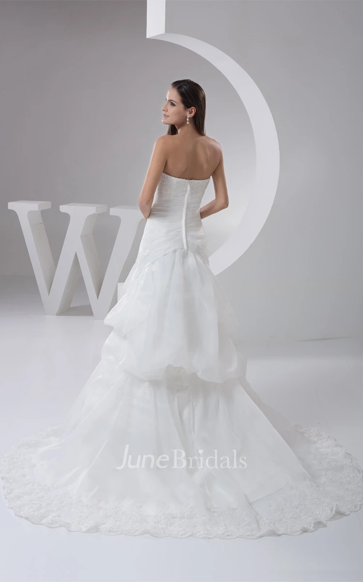 Strapless Tulle Pick-Up Dress with Appliques and Brush Train