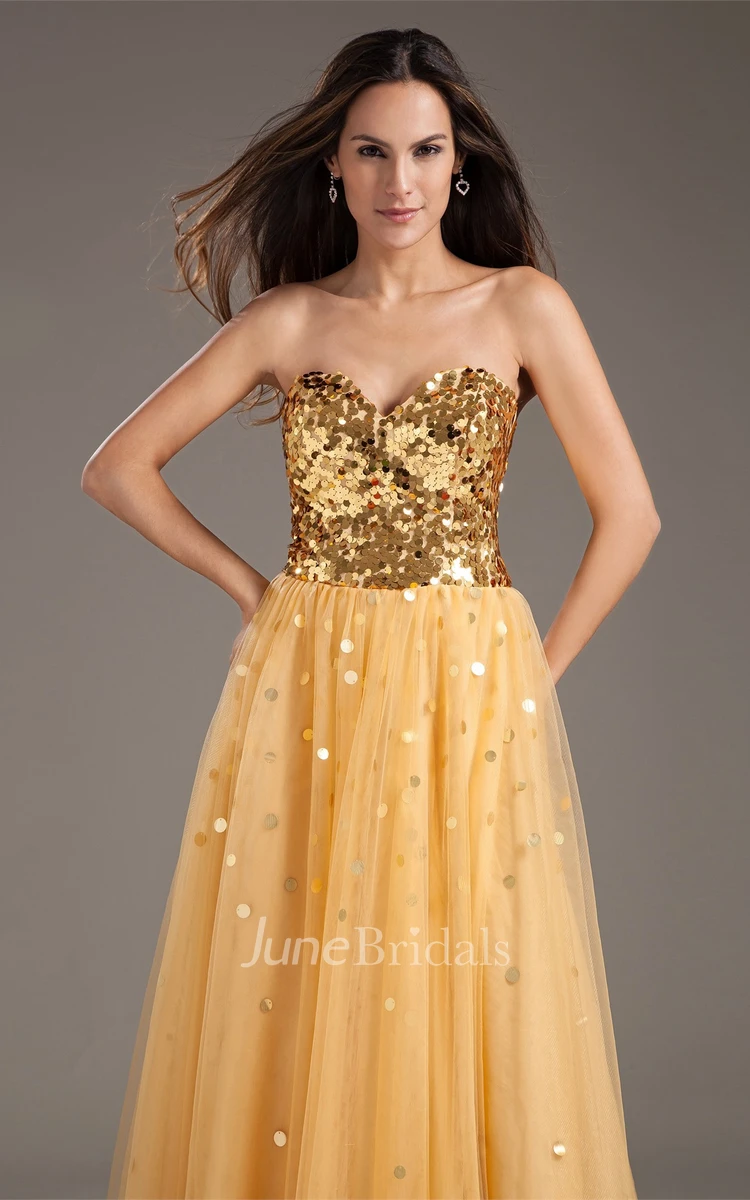 sweetheart ball a-line gown with pleats and sequined top