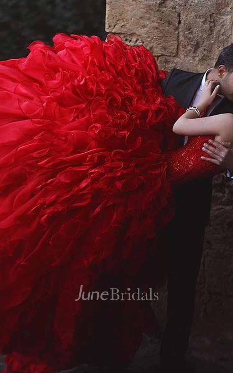 Sexy Red Sweetheart Organza Prom Dresses Appliques Ball Gown