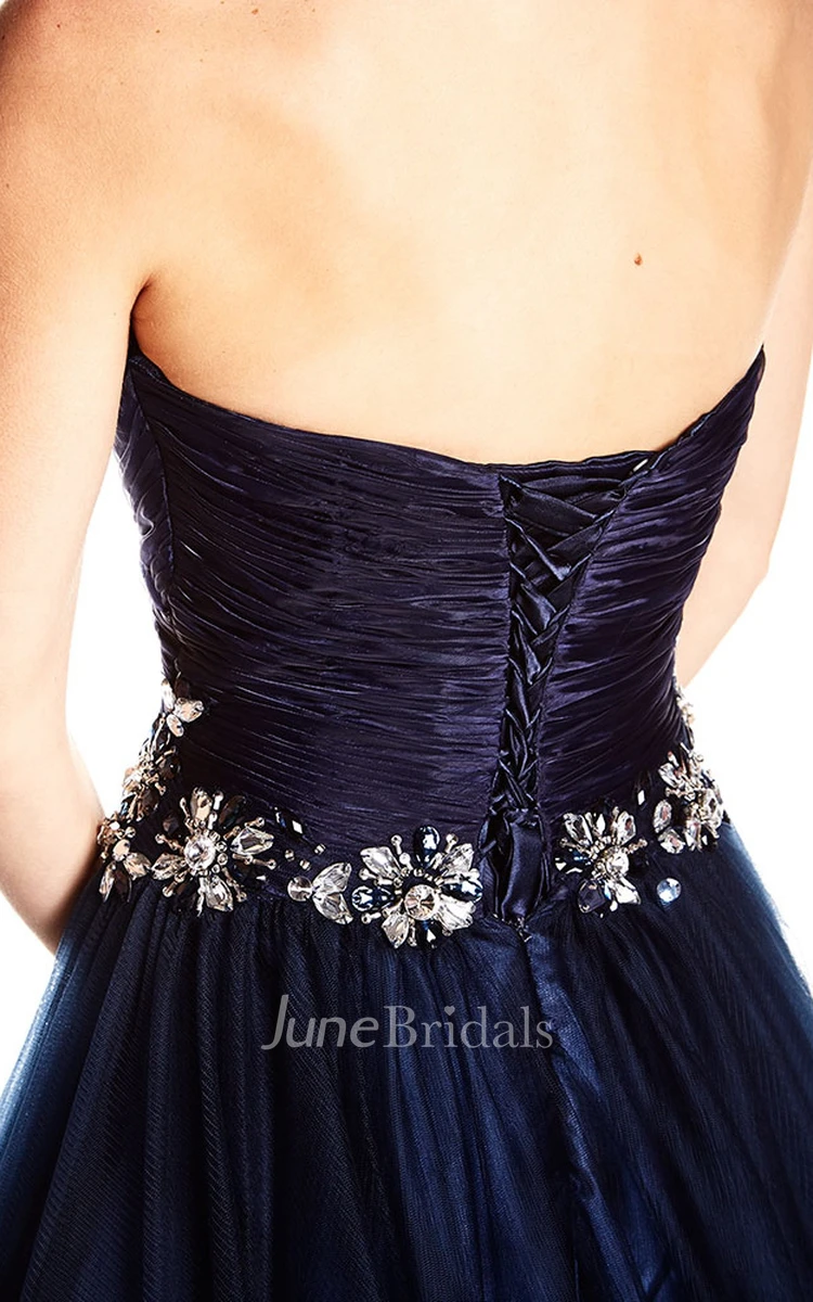A-Line Criss-Cross Sweetheart Sleeveless Long Satin Prom Dress With Bow And Waist Jewellery