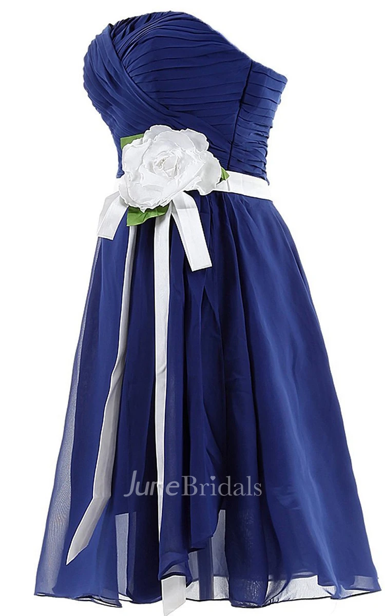 Strapless Ruched A-line Gown With Sash and Flower