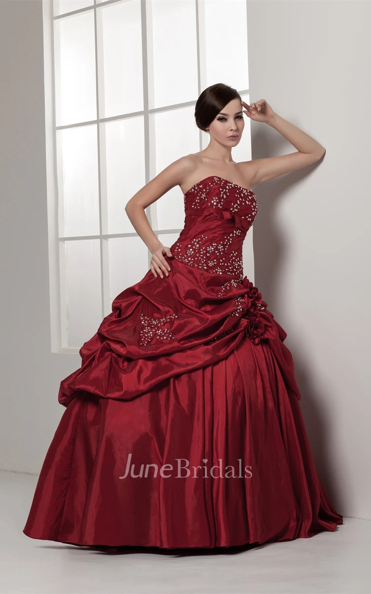 Strapless Pick-Up Ball Gown with Rhinestone and Flower