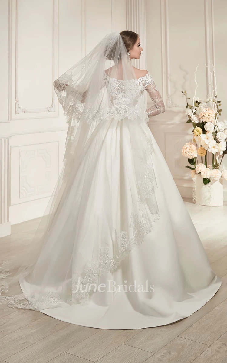 A-Line Floor-Length Bateau-Neck Illusion-Sleeve Illusion Satin Dress With Beading And Pleatings