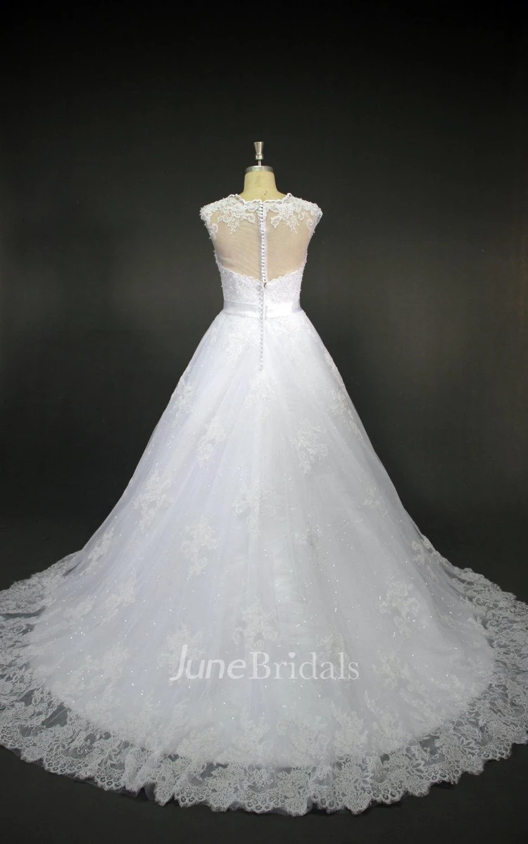 Jewel Neck Cap Sleeve A-Line Lace Wedding Dress With Sheer Back