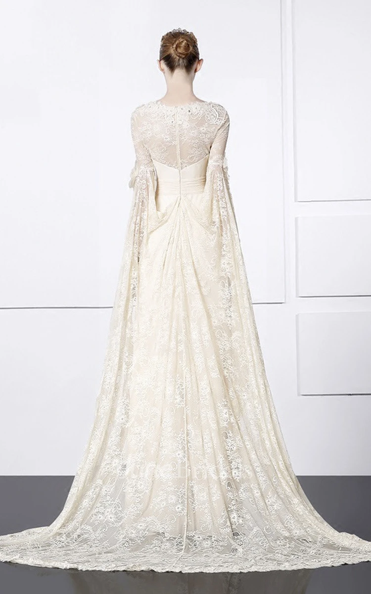 Square Sheath Lace Chiffon Unique Gown With Bat Sleeve And Train