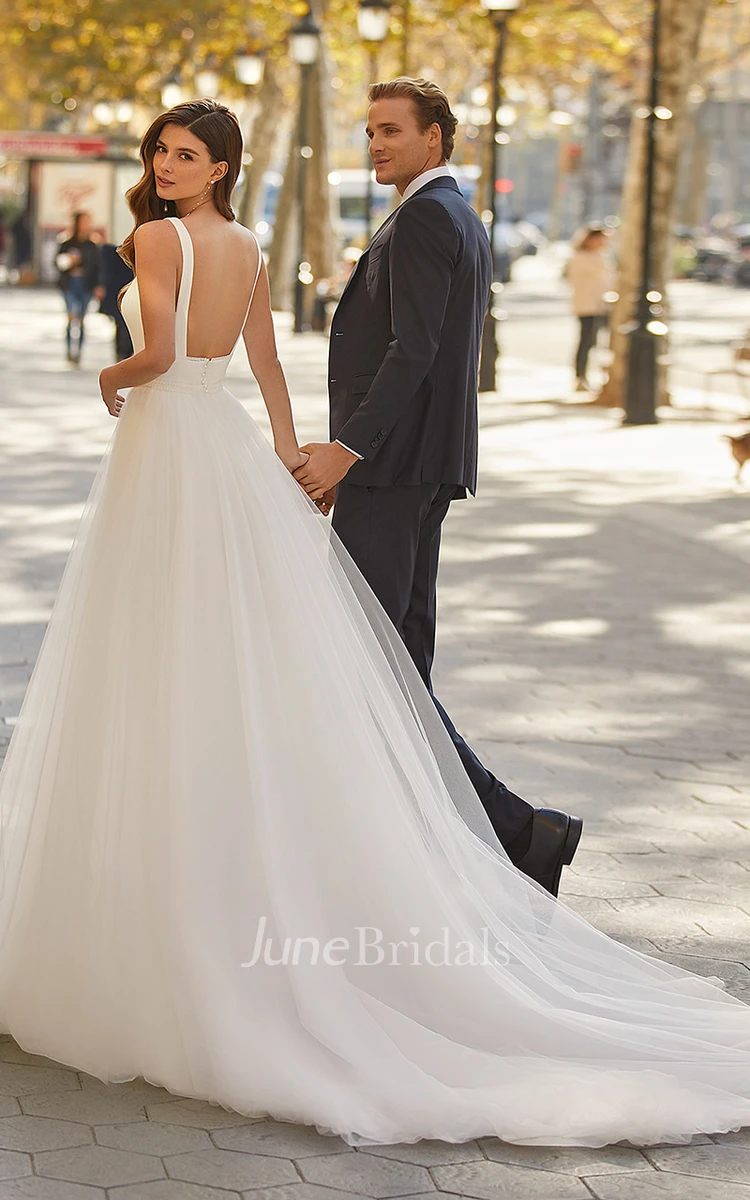 Simple Modest A-Line Wedding Dress Minimalist Casual Scoop Tulle Bridal Gown with Open Back and Sweep Train