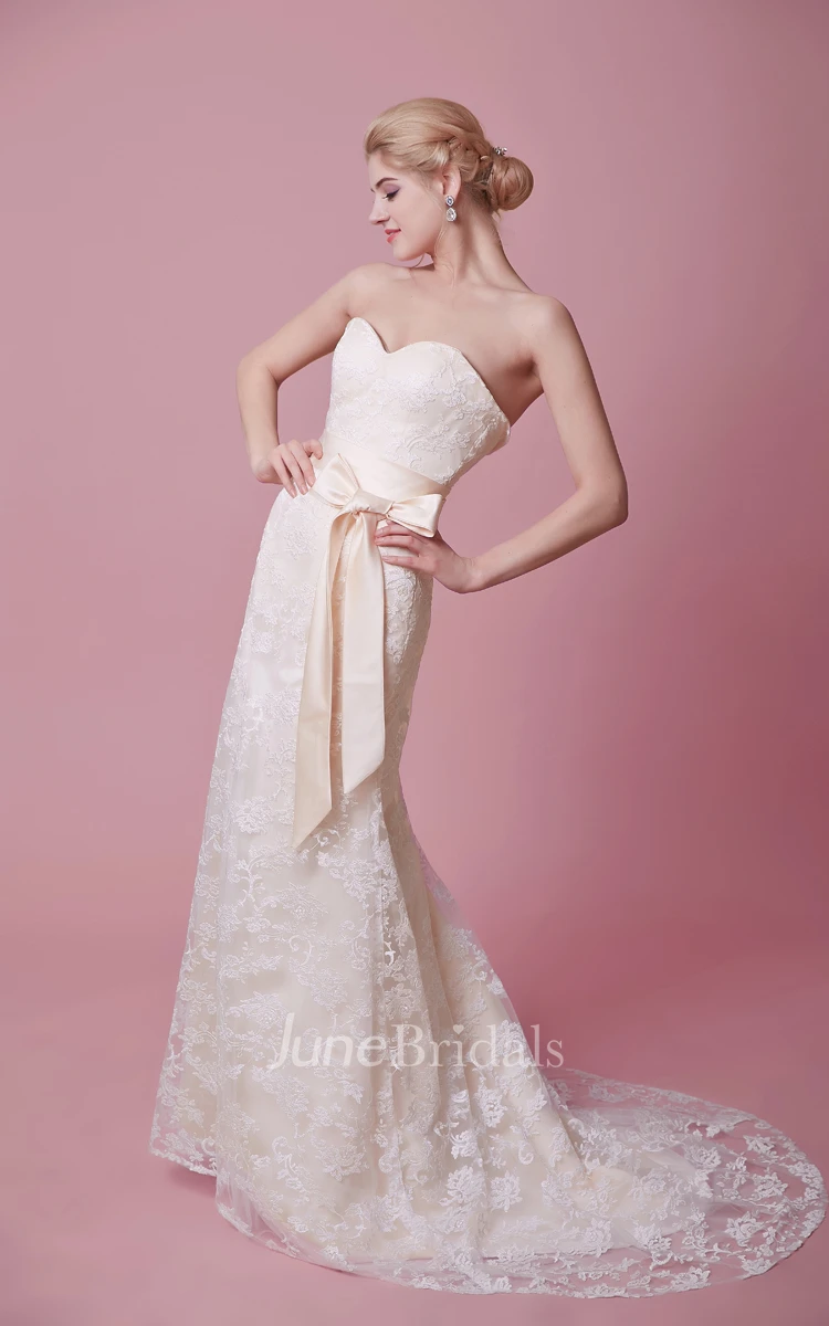 Sheath Strapless Sweetheart Lace Dress With Removable Satin Bow Sash