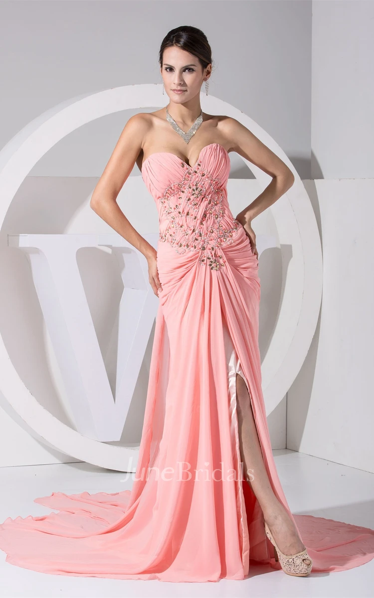Ruched Sweetheart A-Line Front-Split Dress with Beadings and Court Train