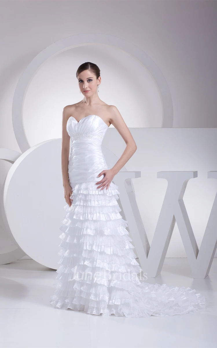 Sweetheart Tiered A-Line Gown with Ruching and Gemmed Waist