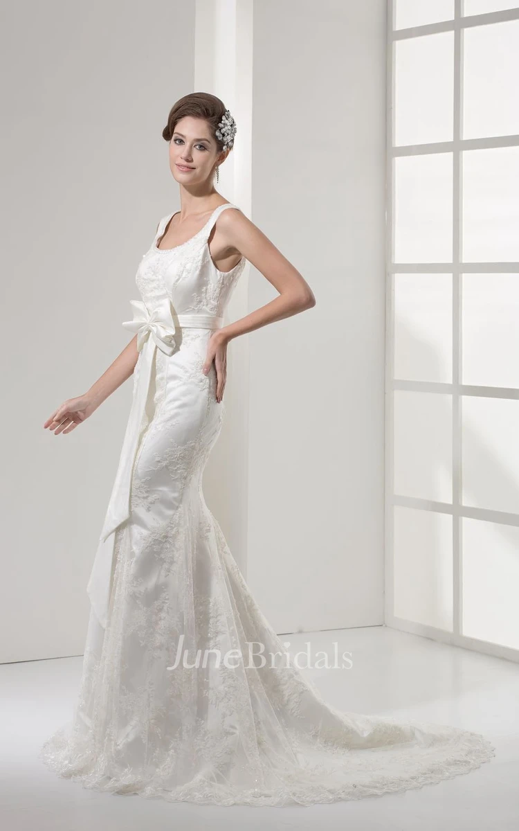 Simple Square-Neck Sleeveless Mermaid Dress With Ribbon and Lace Appliques