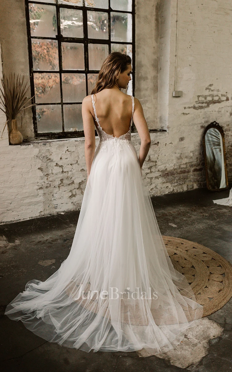 A-Line Ethereal Spaghetti Wedding Dress Straps Bohemian Tulle Lace Applique Backless
