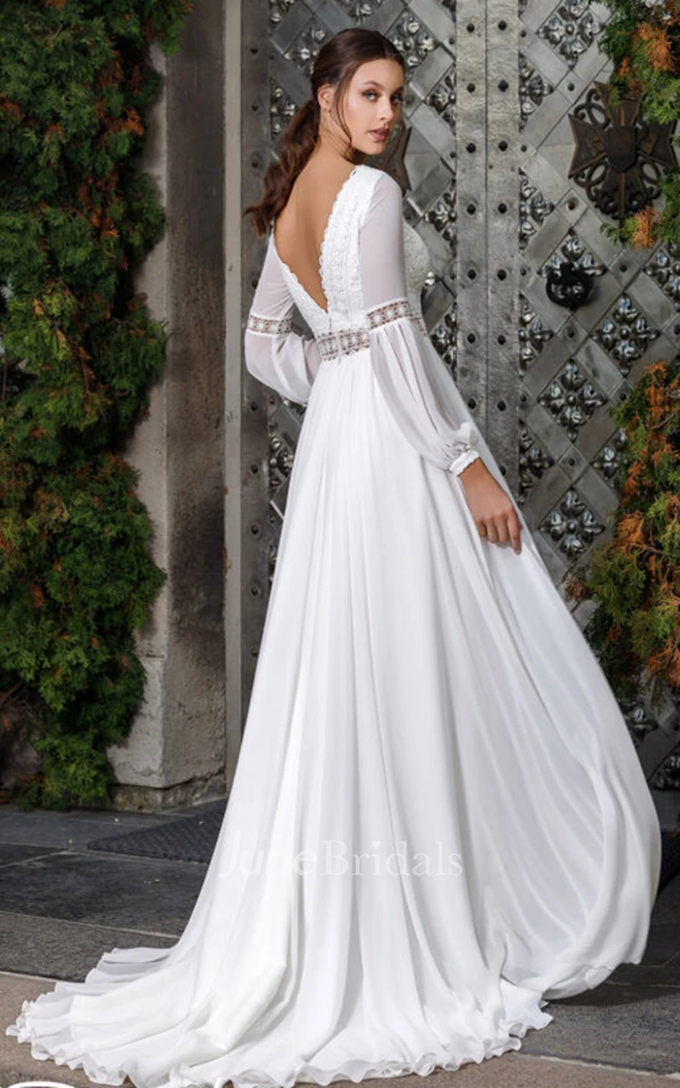Ethereal A Line Scalloped Neck Chiffon Wedding Dress with Appliques