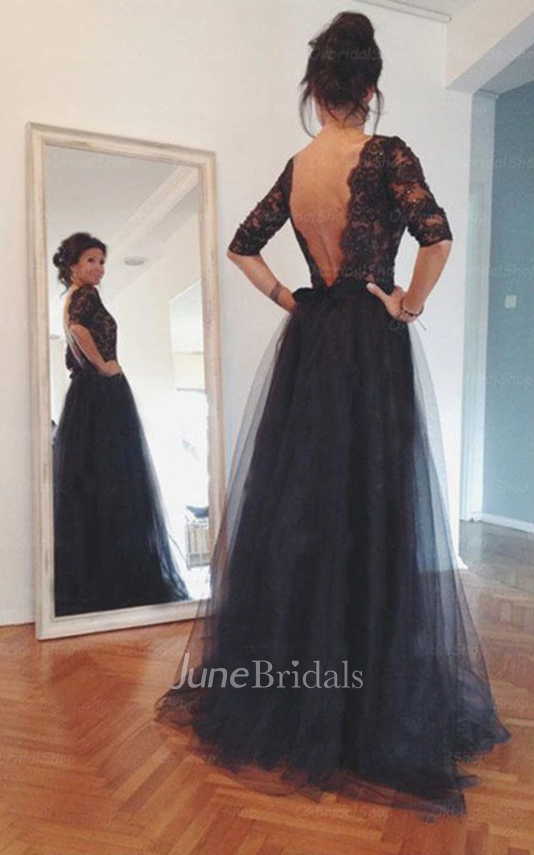 Black Lace Long Sleeves Prom Dress with Backless Back