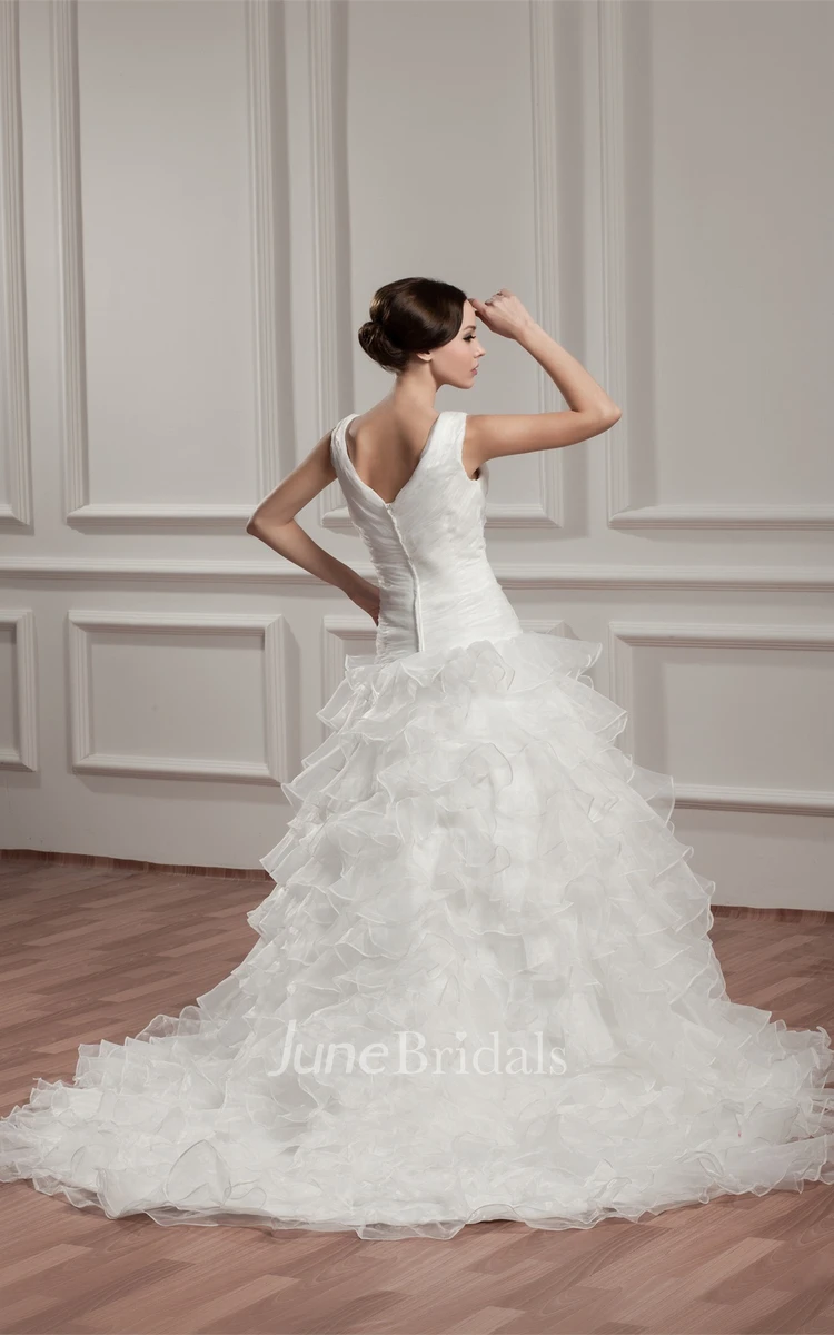 Plunged Sleeveless Ruffled Gown with Tiers and Court Train