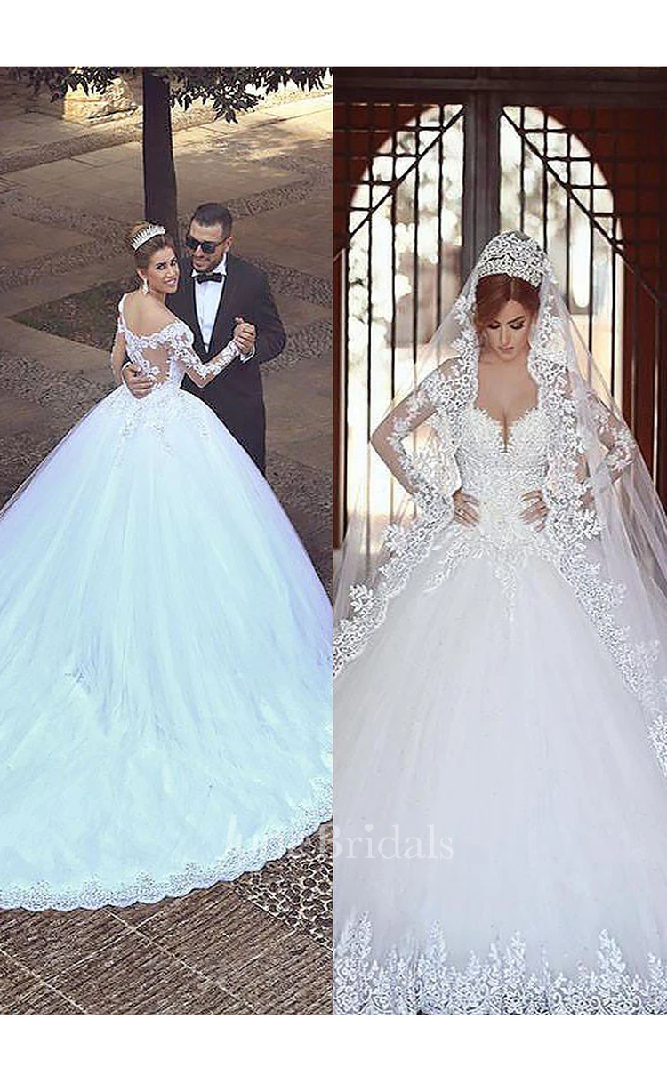 Lace Ball Gown Tulle Long Sleeves Off-the-shoulder Court Train Wedding Dresses