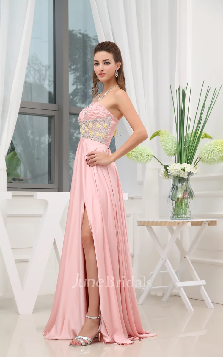 Adorable Strapless Front-Split Dress With Beaded Top
