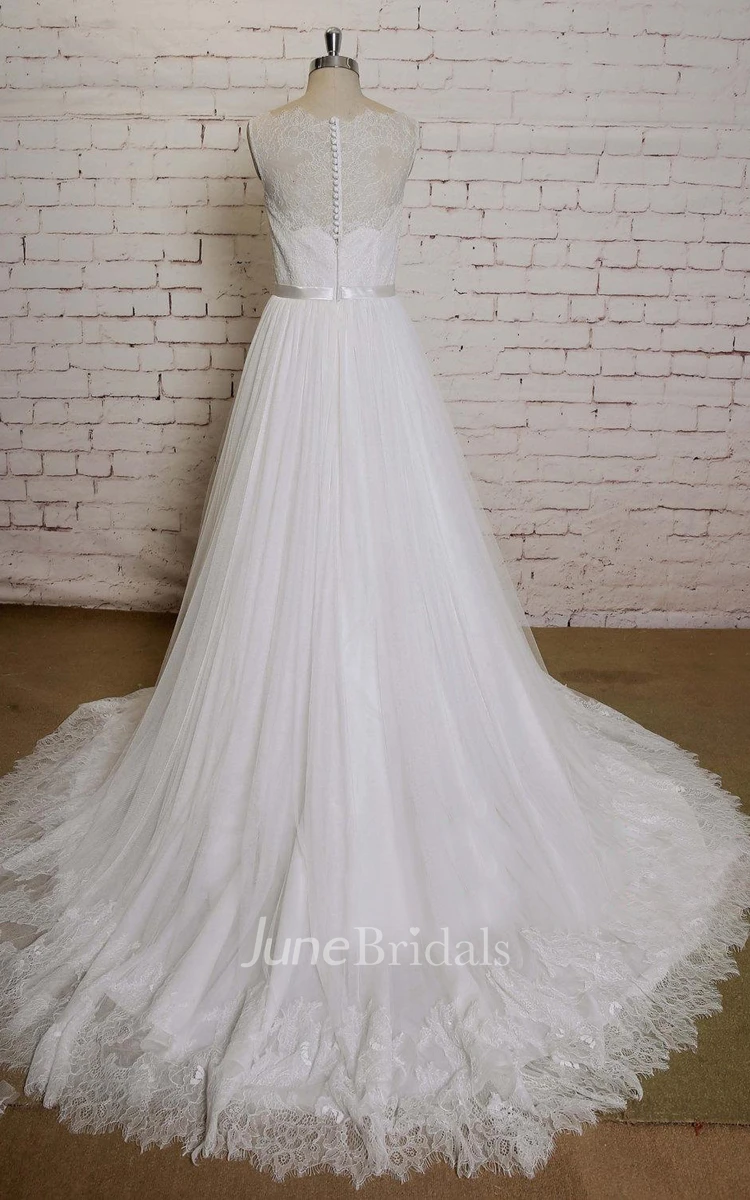 Bateau Neck Sleeveless Long A-Line Tulle Wedding Dress With Lace Edging